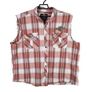 Mens Harley Davidson Sleeveless Orange White Plaid Shirt Cotton Embroidered 3XL